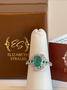 E. Strauss Zambian Emerald Ring W/White Zircon Set In Rhodium Plate 925 Sterling